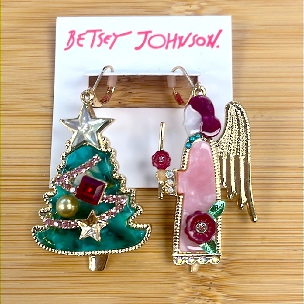 Brand New Betsey Johnsons Mismatch Christmas Tree & Angel Drop Earrings